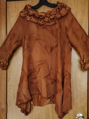 Lee Andersen Copper Ruched Collar Tunic L Asymmetric Hem, Sunburst Pleat Fabric
